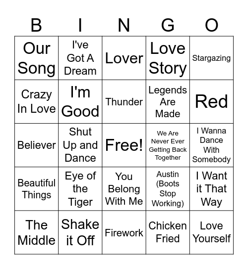 Music Bingo 2/14 Bingo Card