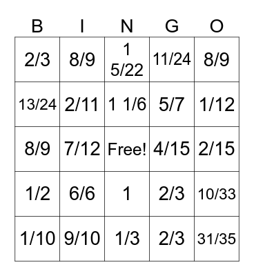 Fraction Bingo Card
