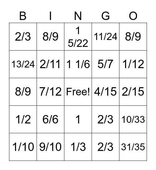 Fraction Bingo Card
