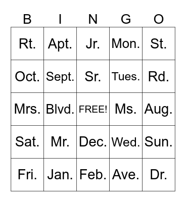 ABBREVIATIONS Bingo Card