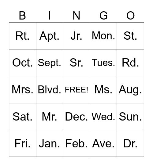 ABBREVIATIONS Bingo Card