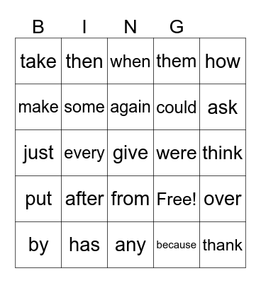 Sight Words Bingo Card