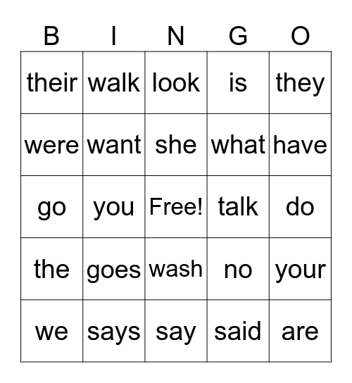 Sight word bingo 1 Bingo Card