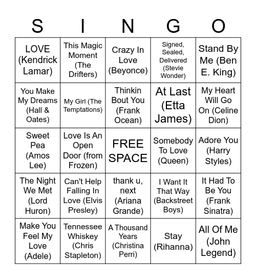 VALENTINES SINGO Bingo Card