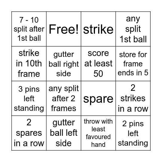 Bowling Bingo Card