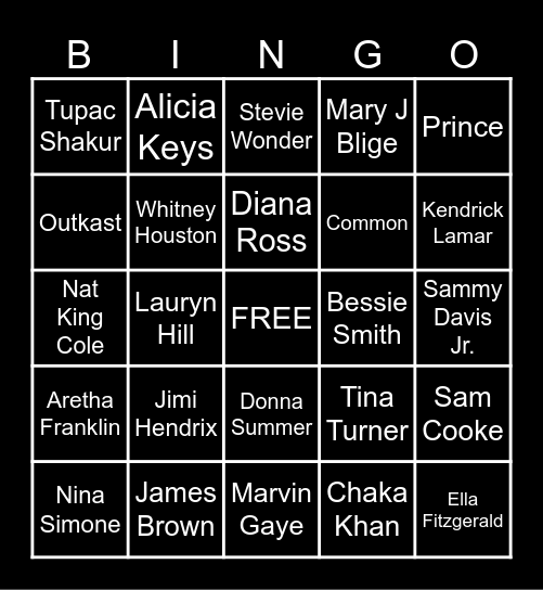 Black History- Musical Artists Bingo Card
