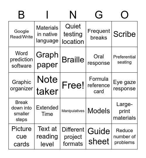 Accommodations/Modifications BINGO Card