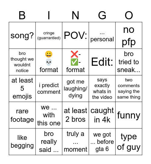 YT Short comments bingo Card