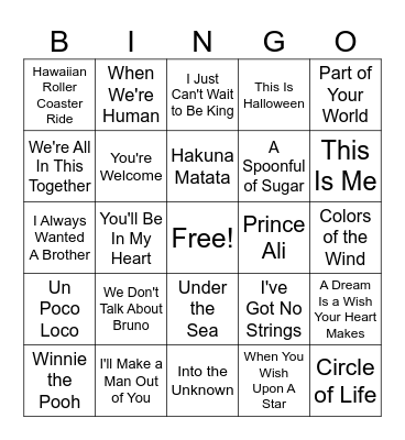 disney songs Bingo Card