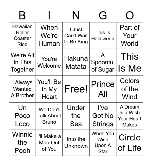 disney songs Bingo Card