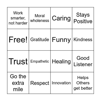 Friendship - Core Values Bingo Card