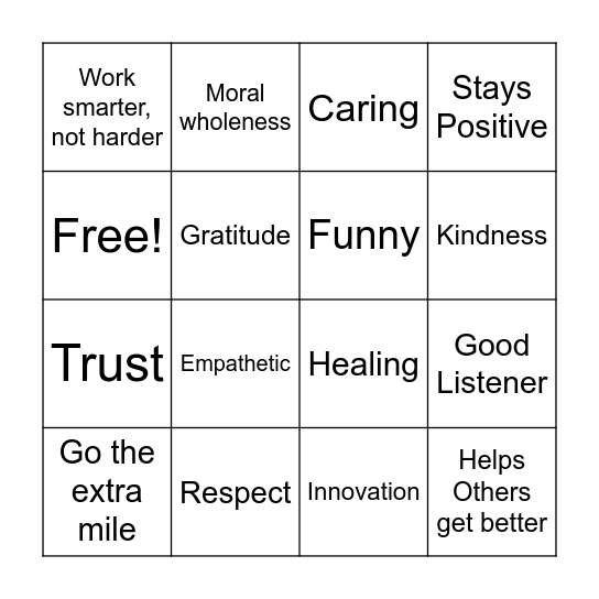 Friendship - Core Values Bingo Card
