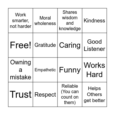 Friendship - Core Values Bingo Card