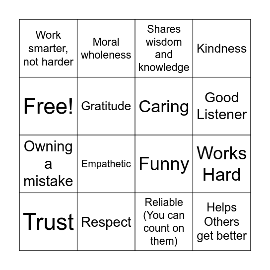Friendship - Core Values Bingo Card