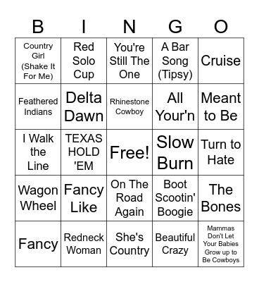 country songs Bingo Card