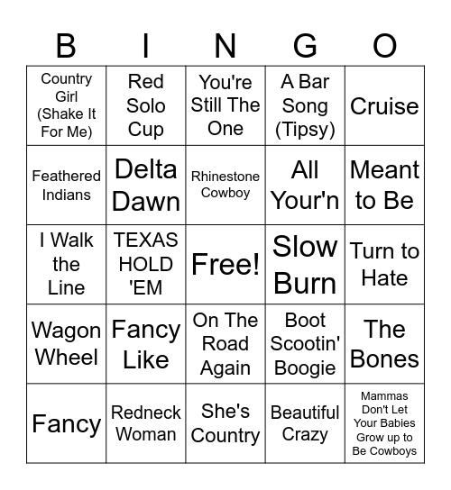 country songs Bingo Card