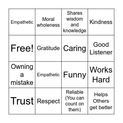 Friendship - Core Values Bingo Card