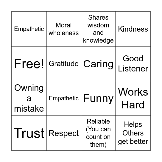 Friendship - Core Values Bingo Card
