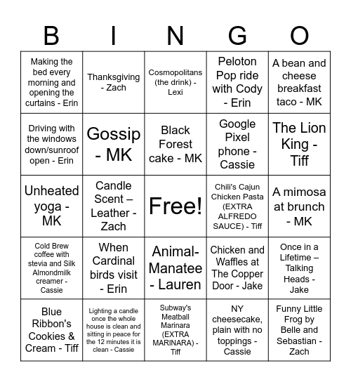 Team Roy Favorite Things Bingo Card