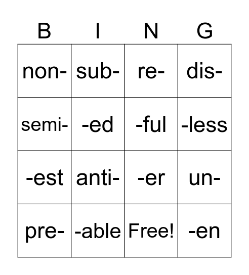 Prefix/Suffix Bingo Card