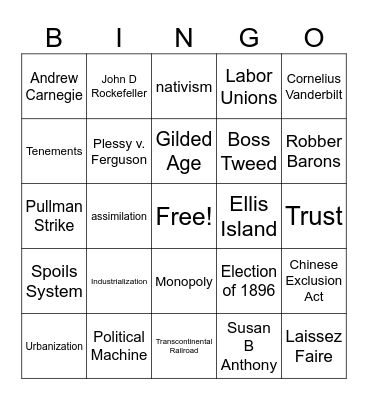 Gilded Age Bingo Card