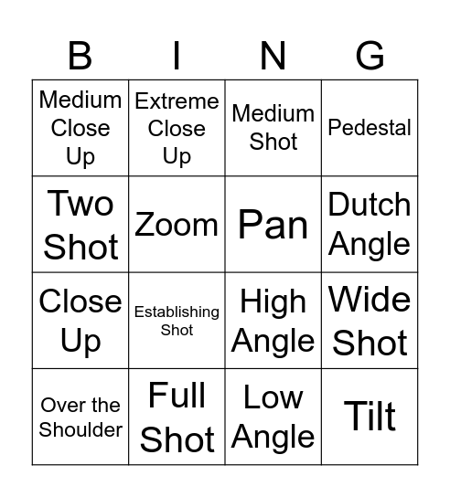 Video Shots Bingo Card