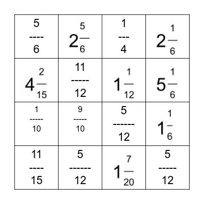 Fraction+- Bingo Set 1 Bingo Card