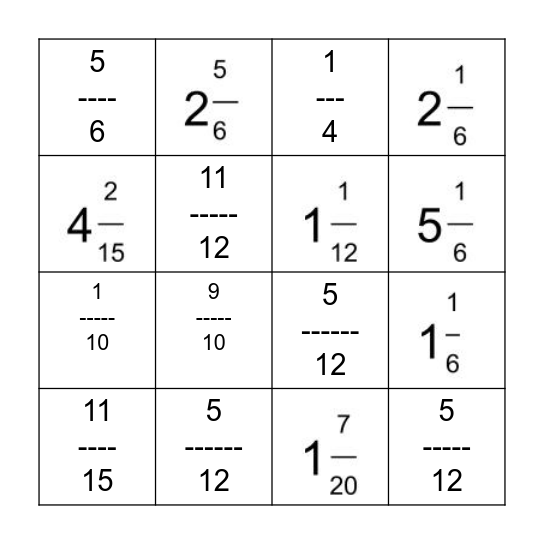 Fraction+- Bingo Set 1 Bingo Card