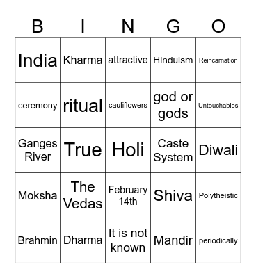 Hinduism Bingo Card