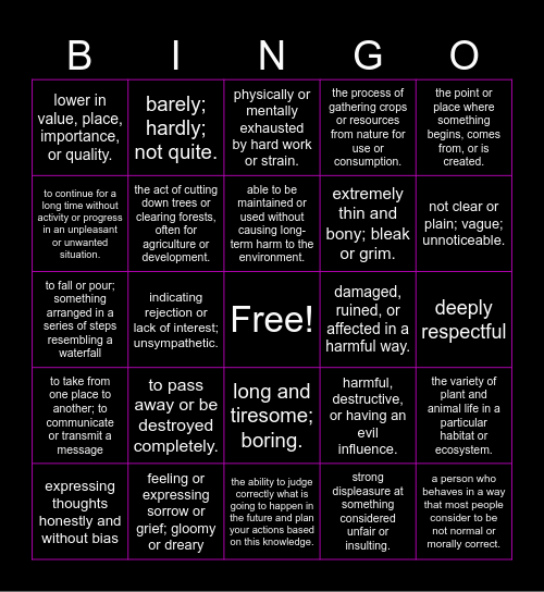 Unit 5 Vocabulary Bingo Card