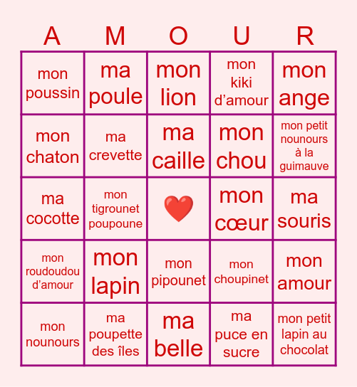 Les petits noms Bingo Card