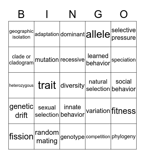 UNIT 3 ~ Evolution by Natural Selection Bingo Card