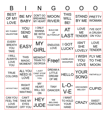 Valentine Music Bingo Card