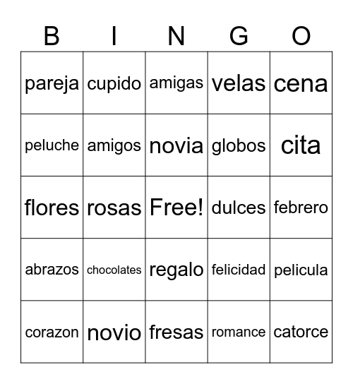 Día de San Valentin Bingo Card