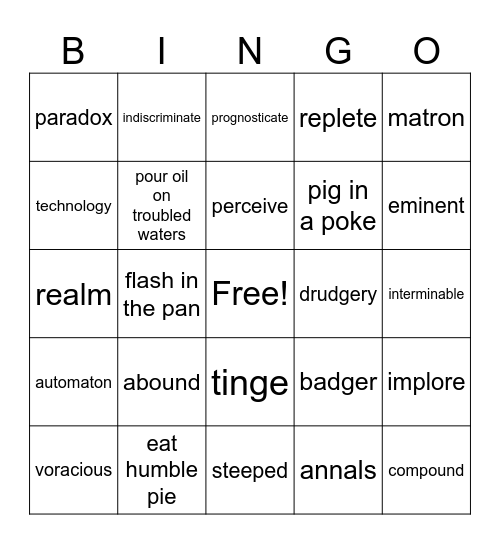 SAT Vocab Week 1 Bingo Card