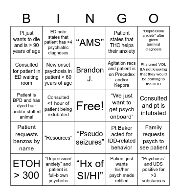 Psychiatry Consults Bingo Card