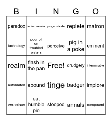 SAT Vocab Week 1 Bingo Card