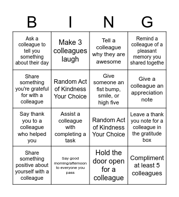 Workplace Random Acts of Kindness Bingo Card