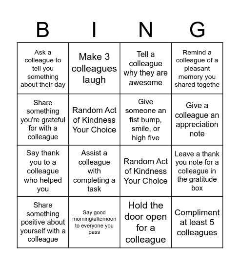 Workplace Random Acts of Kindness Bingo Card