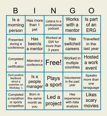 Speed Networking Bingo Card