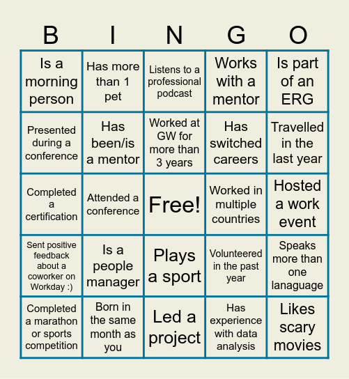 Speed Networking Bingo Card