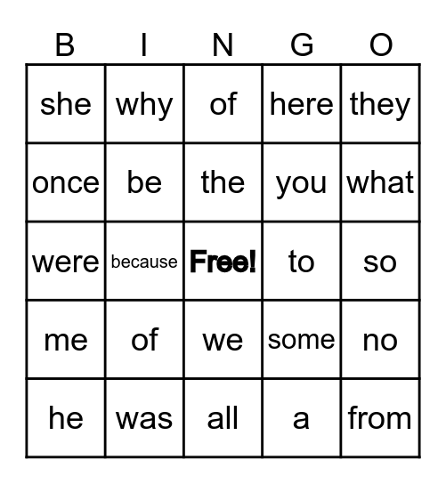 Tricky Word Bingo Card