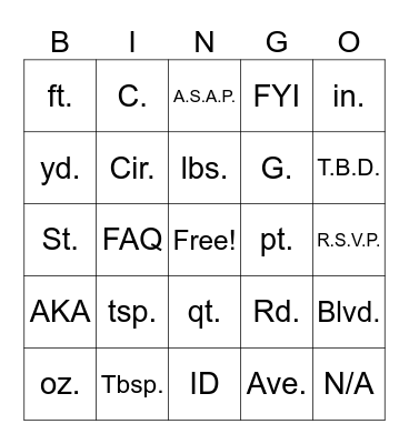 Abbreviation Bingo Card