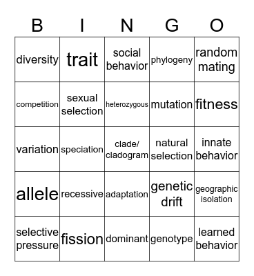 Unit 3 ~ Evolution by Natural Selection Bingo Card