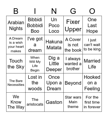 Disney Song Quiz Bingo Card