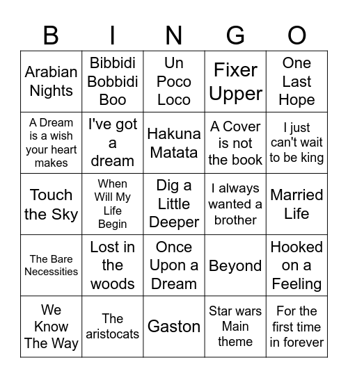 Disney Song Quiz Bingo Card
