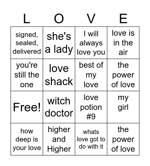 love songs Bingo Card