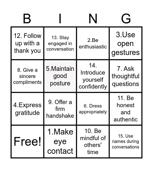 Good First Impressions Bingo Card