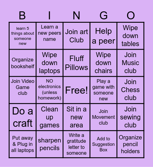 __________'s Homework Cafe Bingo Card