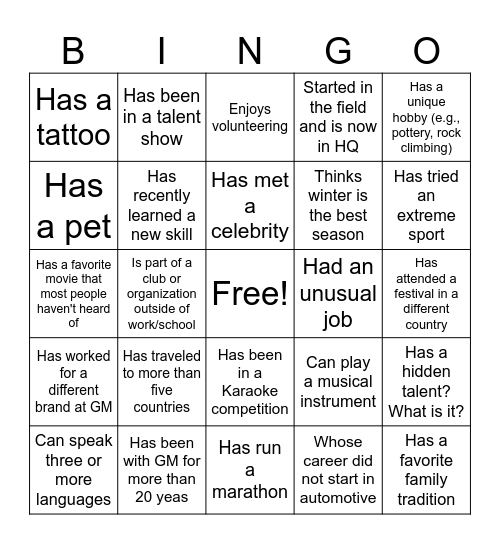 HUMAN BINGO Card